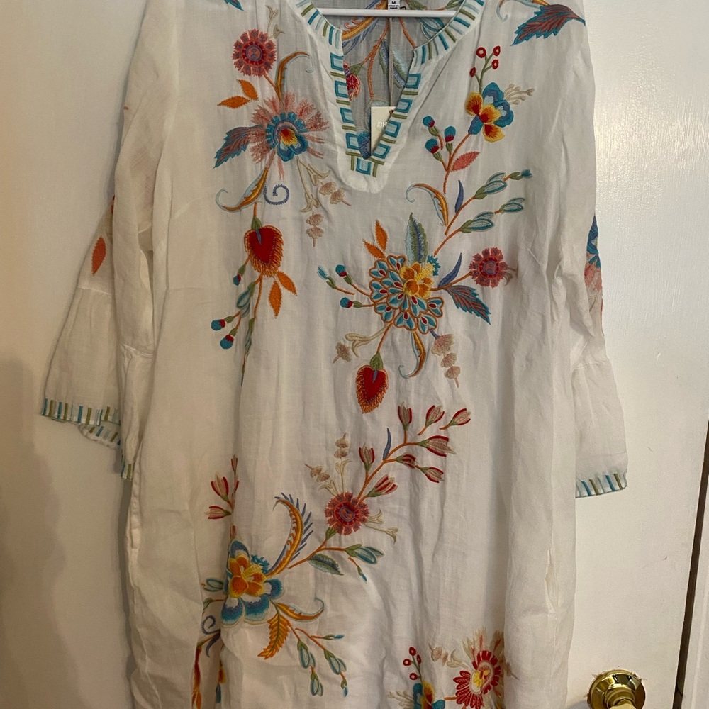 Johnny Was White Dress with Colorful Floral Embroidery
